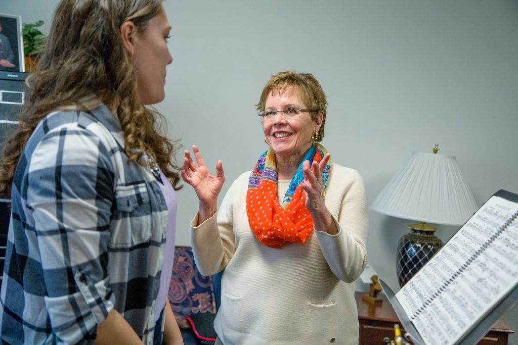 Vocal studies BJU faculty member Pam Dunbar teaches a voice performance student, Mar. 13, 2018. Photo by Derek Eckenroth