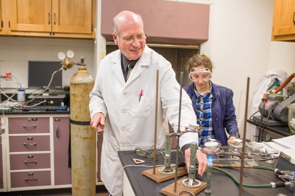 Dr. George Matzko assists a student in Analytical Chemistry, BJU, Greenville, SC, April 11, 2017. (Hal Cook)