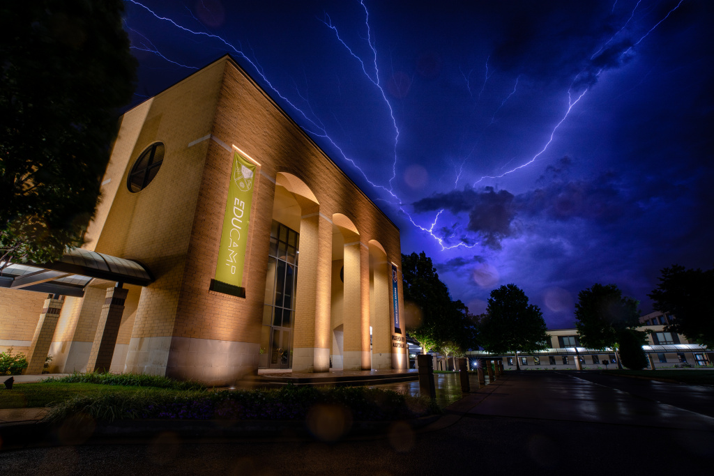 Lightning flashes over Rodeheaver Auditorium at Bob Jones University