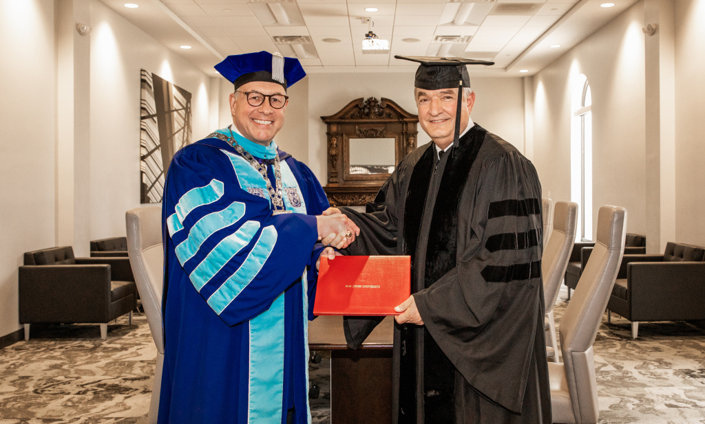 BJU President, Dr. Steve Pettit, with recipient of BJU's Honorary Doctorate, Dr. Steve Brown