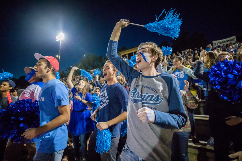 Students and families cheer on the Bruins at the Homecoming men's soccer game (Photo by Derek Eckenroth)