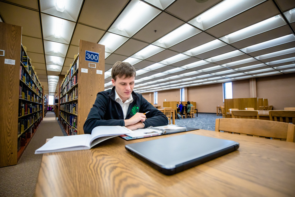 Student studies in the library