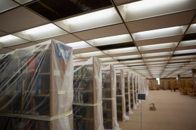 Stacks of books ready for moving to the second floor (Photo by David Ruiz)