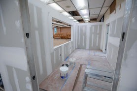Drywall goes up to create faculty offices (Photo by Chris Boshinski)