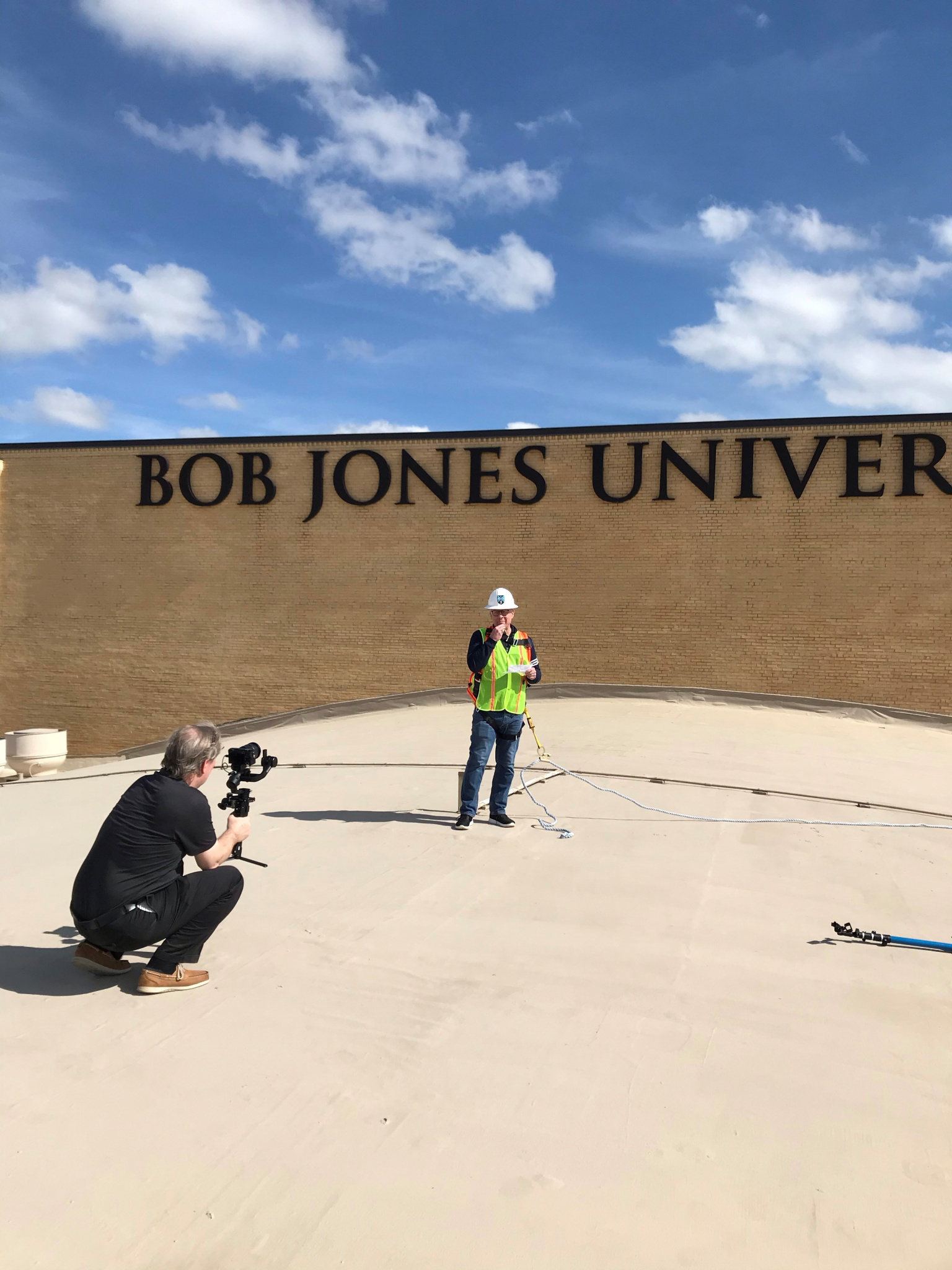 BJU President Steve Pettit filming "BJU Unseen" from the roof of Rodeheaver Auditorium