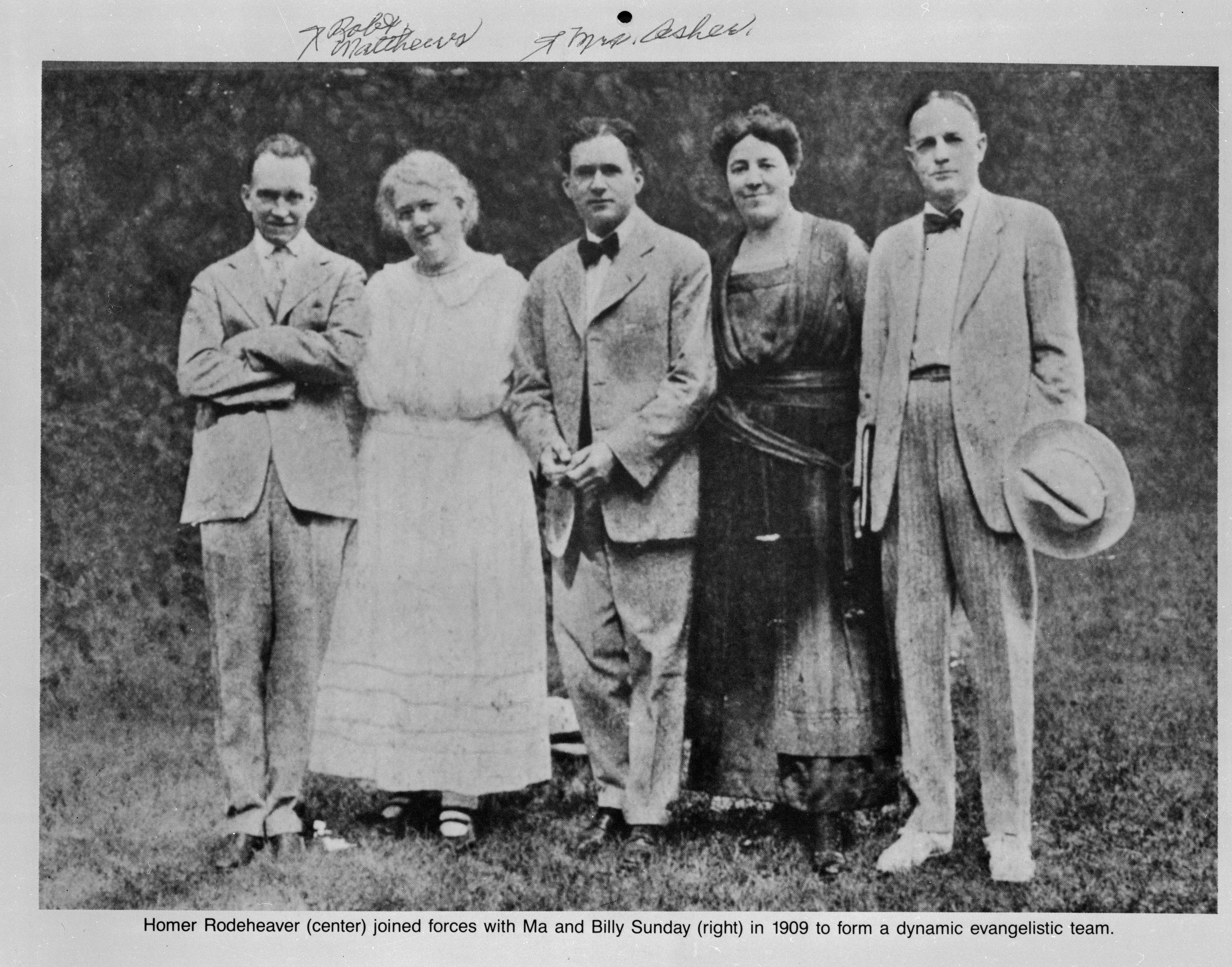 Homer Rodeheaver (center) with Ma and Billy Sunday (right), Robert Matthews (far left) and Mrs. Asher (second from left)