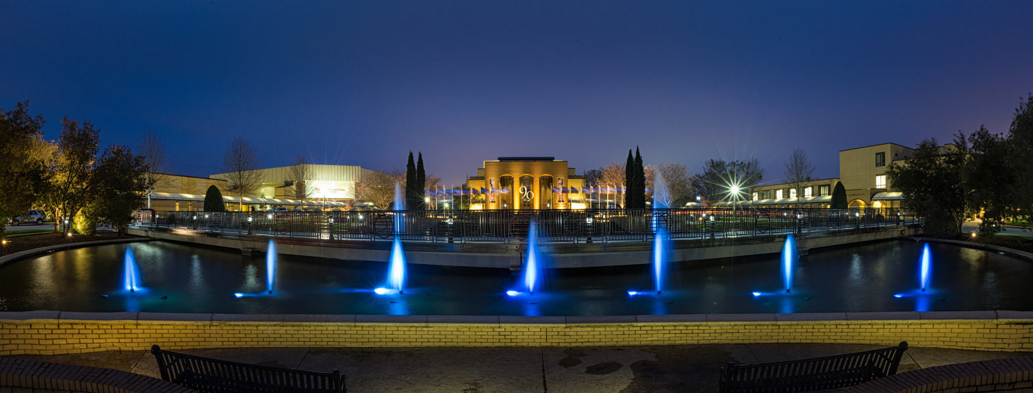 The updated fountains of God's Glory Garden tinted blue to honor law enforcement (Photo by Derek Eckenroth)
