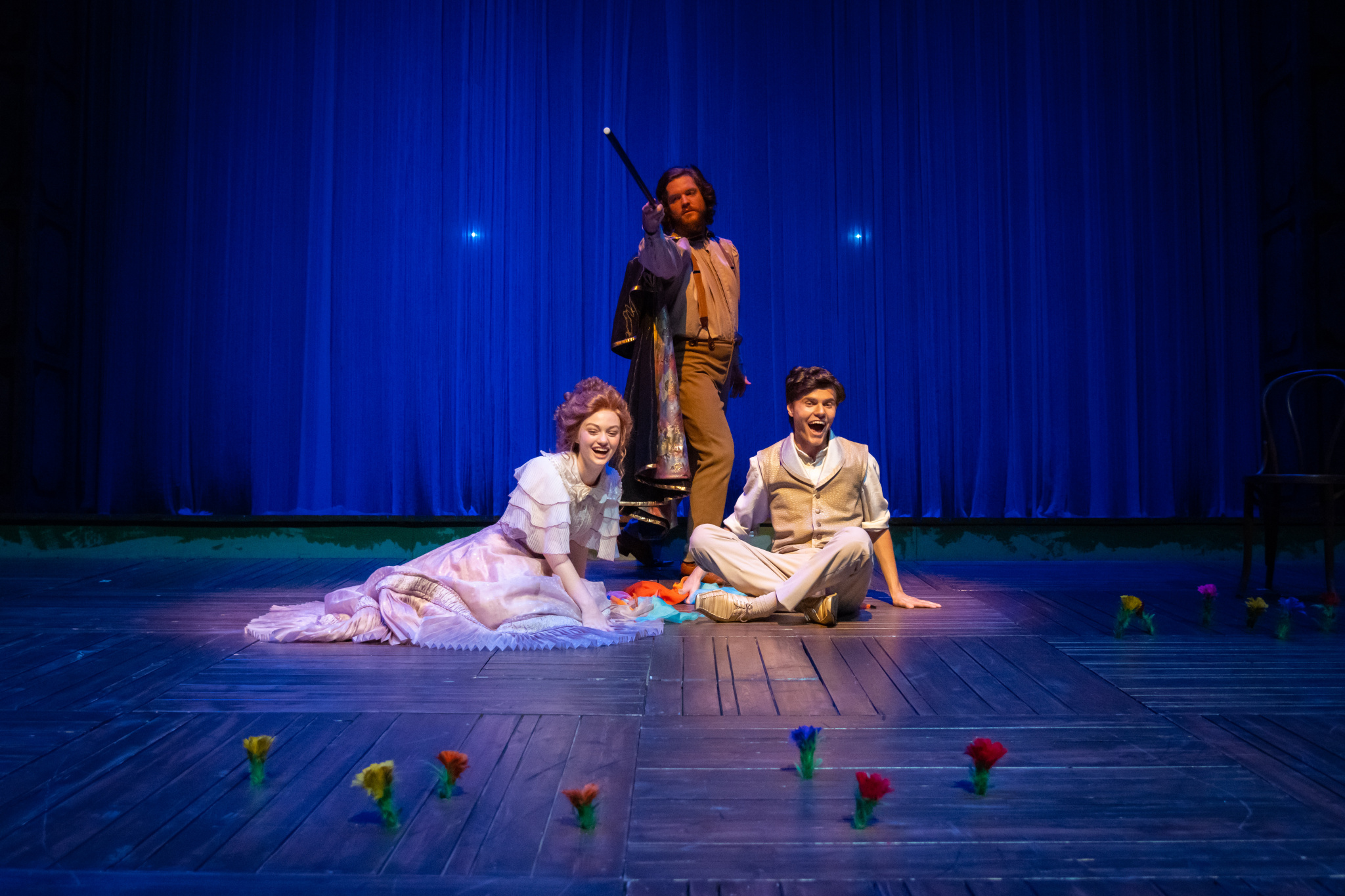 John Michael Cox plays Prospero with Alyssa Chapman (Miranda) and Josiah Shank (Ferdinand) in BJU's 2020 production of The Tempest (Photo by Derek Eckenroth)