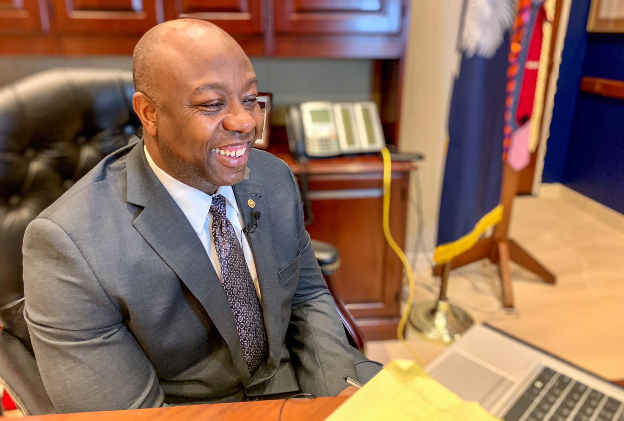 U.S. Sen. Tim Scott spoke via video call to the BJU student body (Photo courtesy of the office of Sen. Scott)