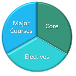 Pie chart divided into even thirds: major courses, electives and core